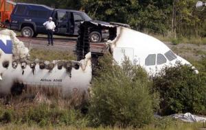 The wreckage of an Air France plane after it crashed at the Toronto Pearson International Airport in August 2005.